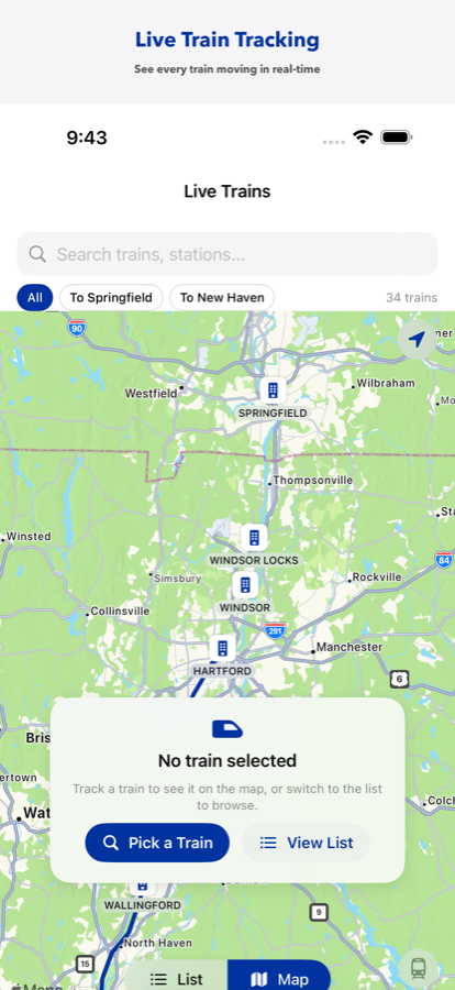 Live train map showing Hartford Line trains in real time
