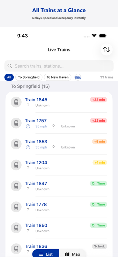List view of active Hartford Line trains
